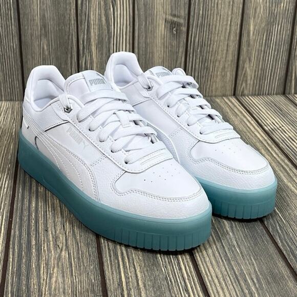 PUMA Women Carina Street Iced Platform Leather Sneaker Shoes 8 White Blue Silver - Picture 1 of 8